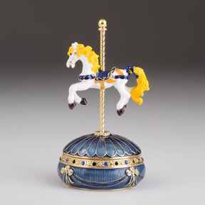 Blue Wind up Carousel with Royal White Horse
