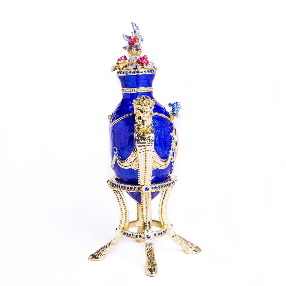 Blue Decorated Faberge Egg with Clock Easter Egg Keren Kopal