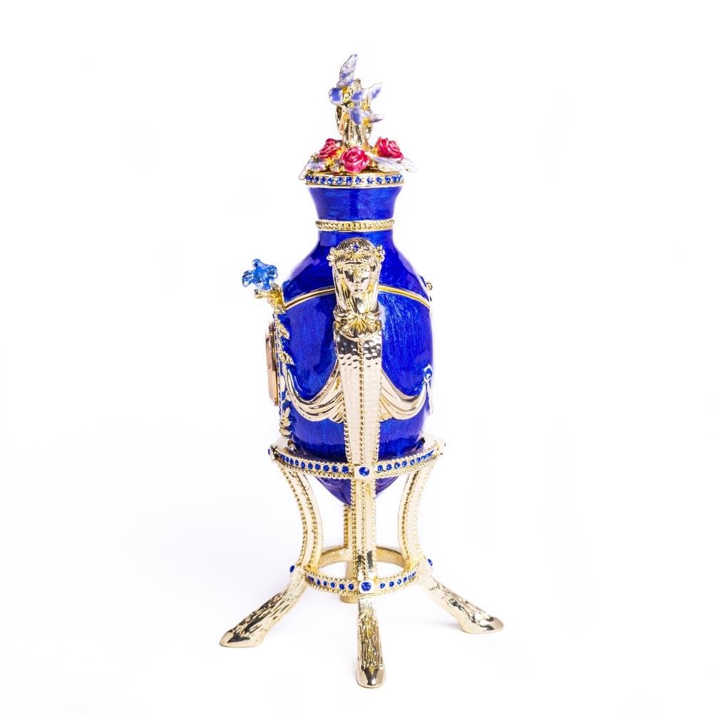 Blue Decorated Faberge Egg with Clock Easter Egg Keren Kopal