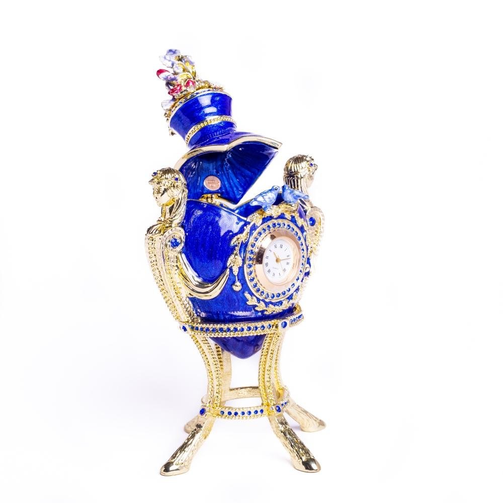 Blue Decorated Faberge Egg with Clock Easter Egg Keren Kopal