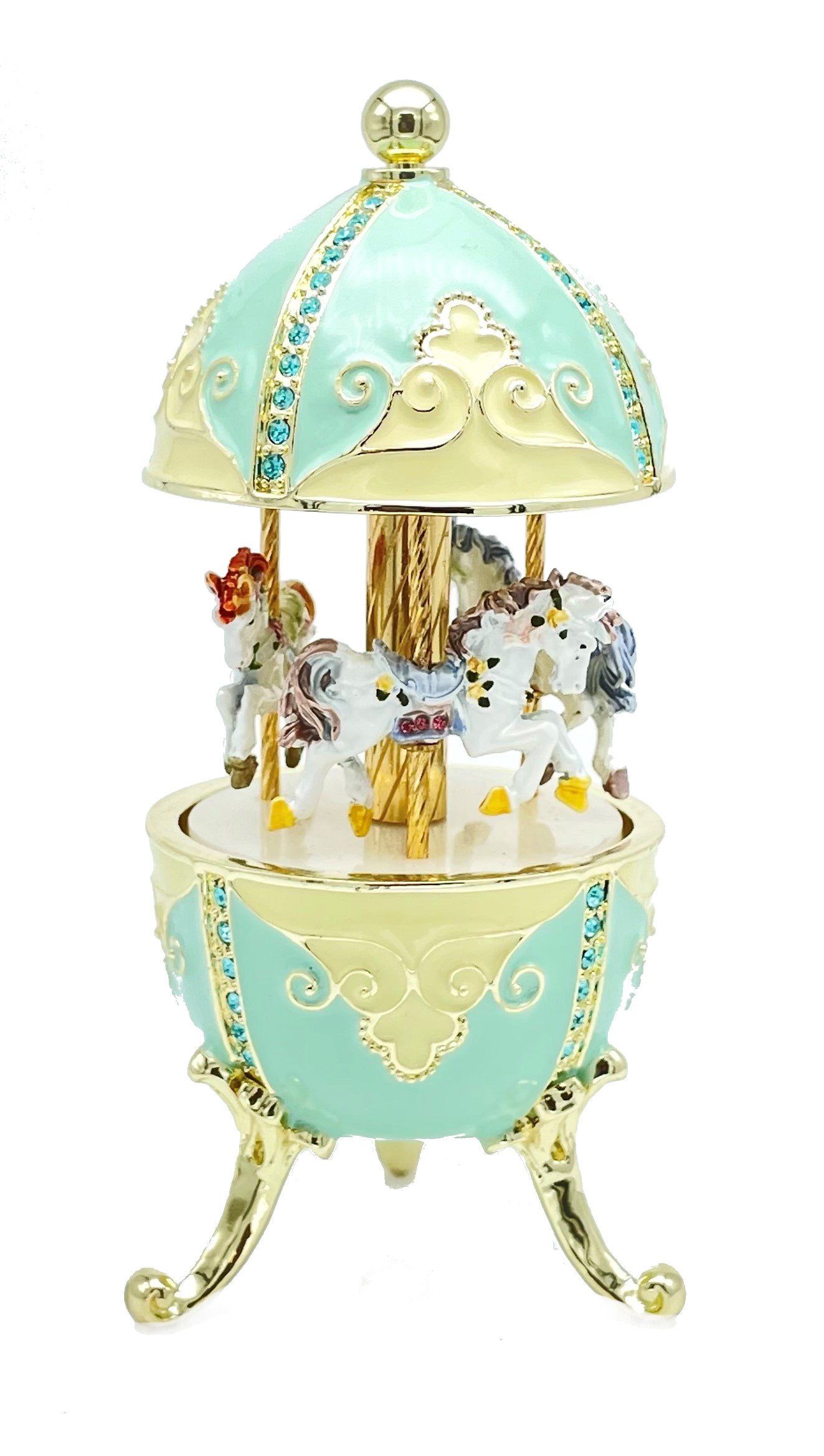 Turquoise Musical Carousel with Royal Horses Easter Egg Keren Kopal