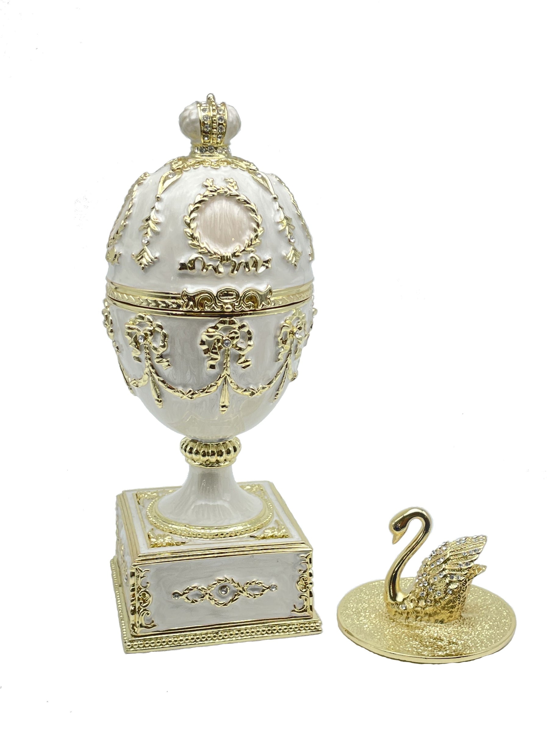 White Faberge Egg with Swan Inside Easter Egg Keren Kopal