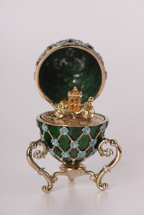 Green Faberge Egg with Blue Flowers & Gold Carriage Inside  Keren Kopal