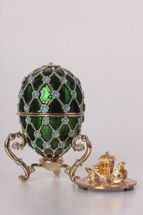 Green Faberge Egg with Blue Flowers & Gold Carriage Inside  Keren Kopal