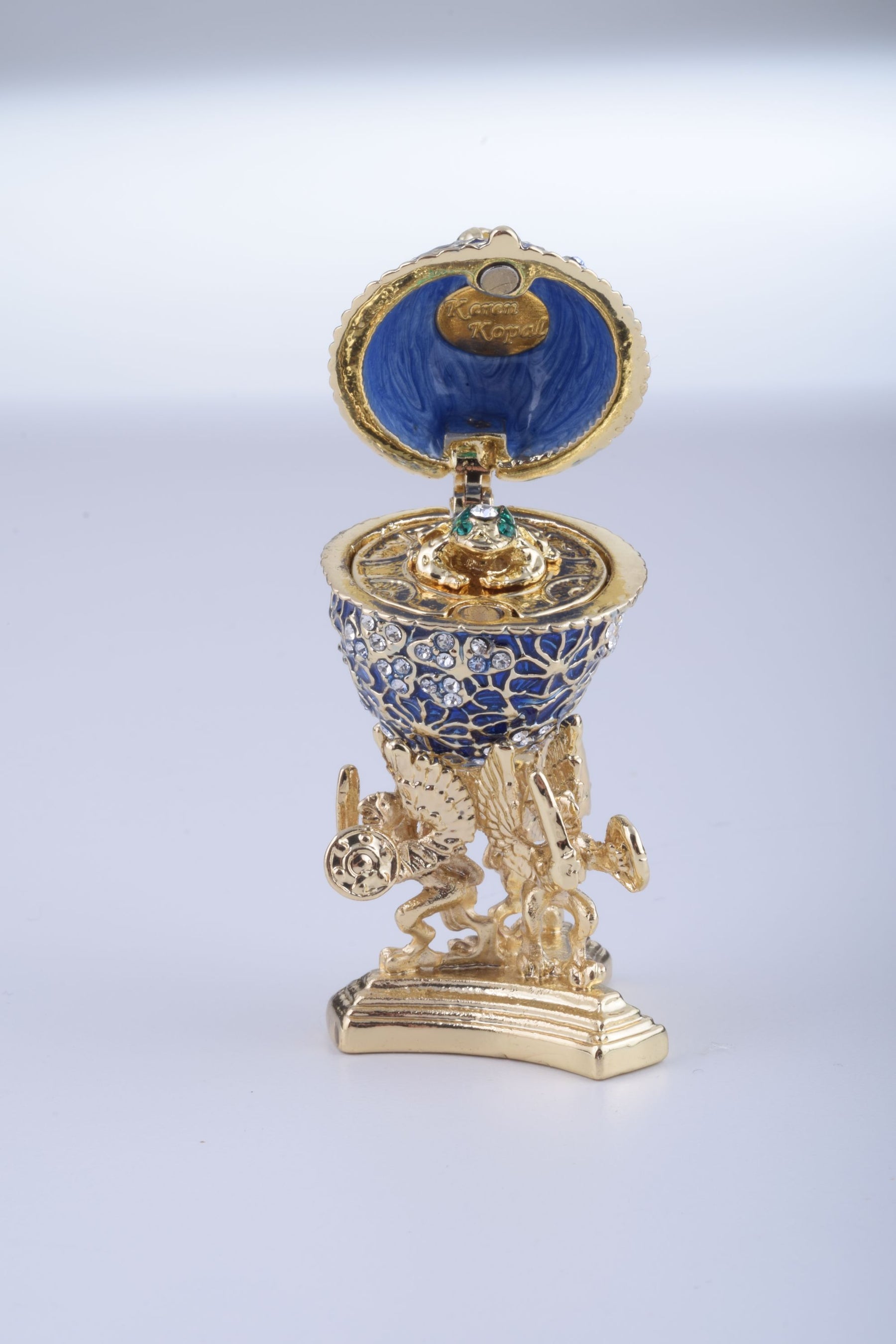 Blue Faberge Egg with a Golden Frog Inside