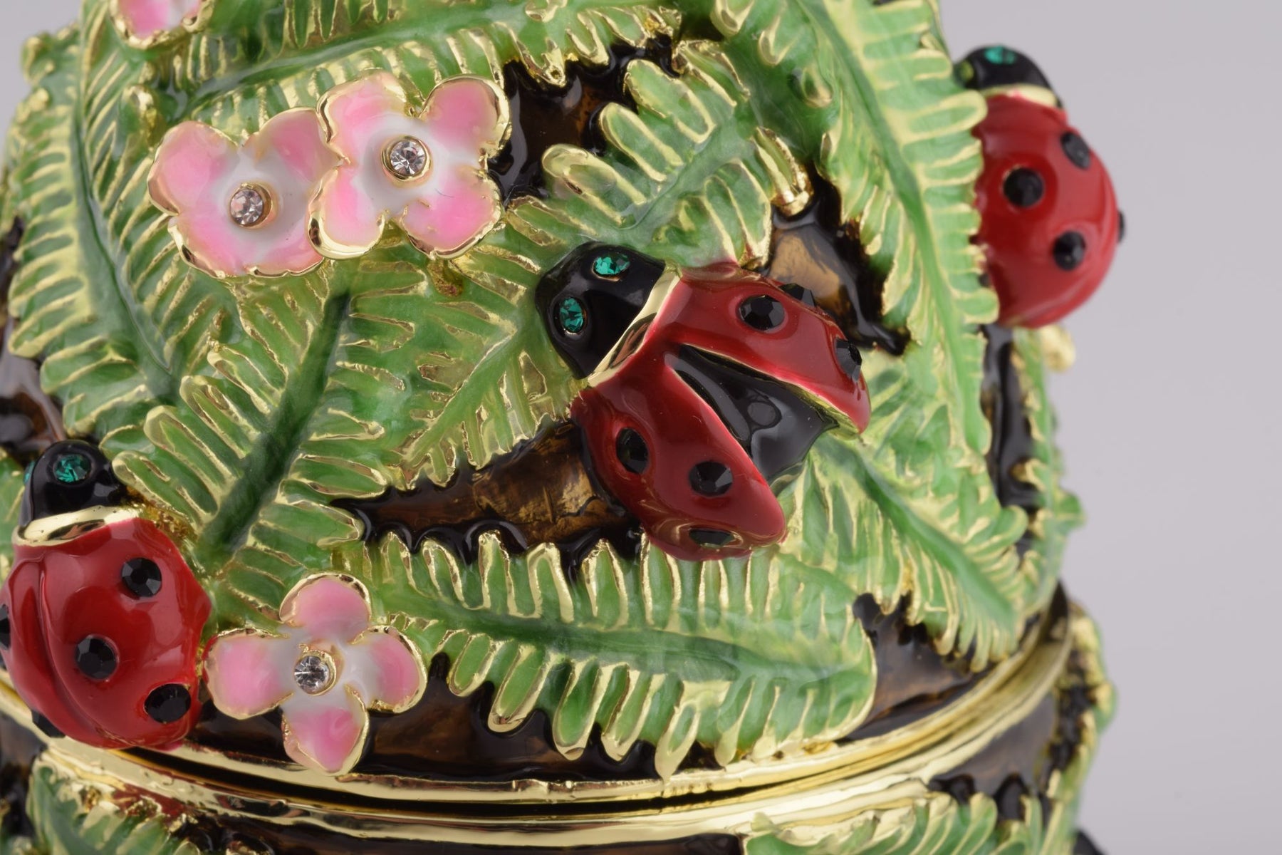 Green Music Playing Faberge Egg with Ladybird Beetles Ladybugs Music Box Keren Kopal