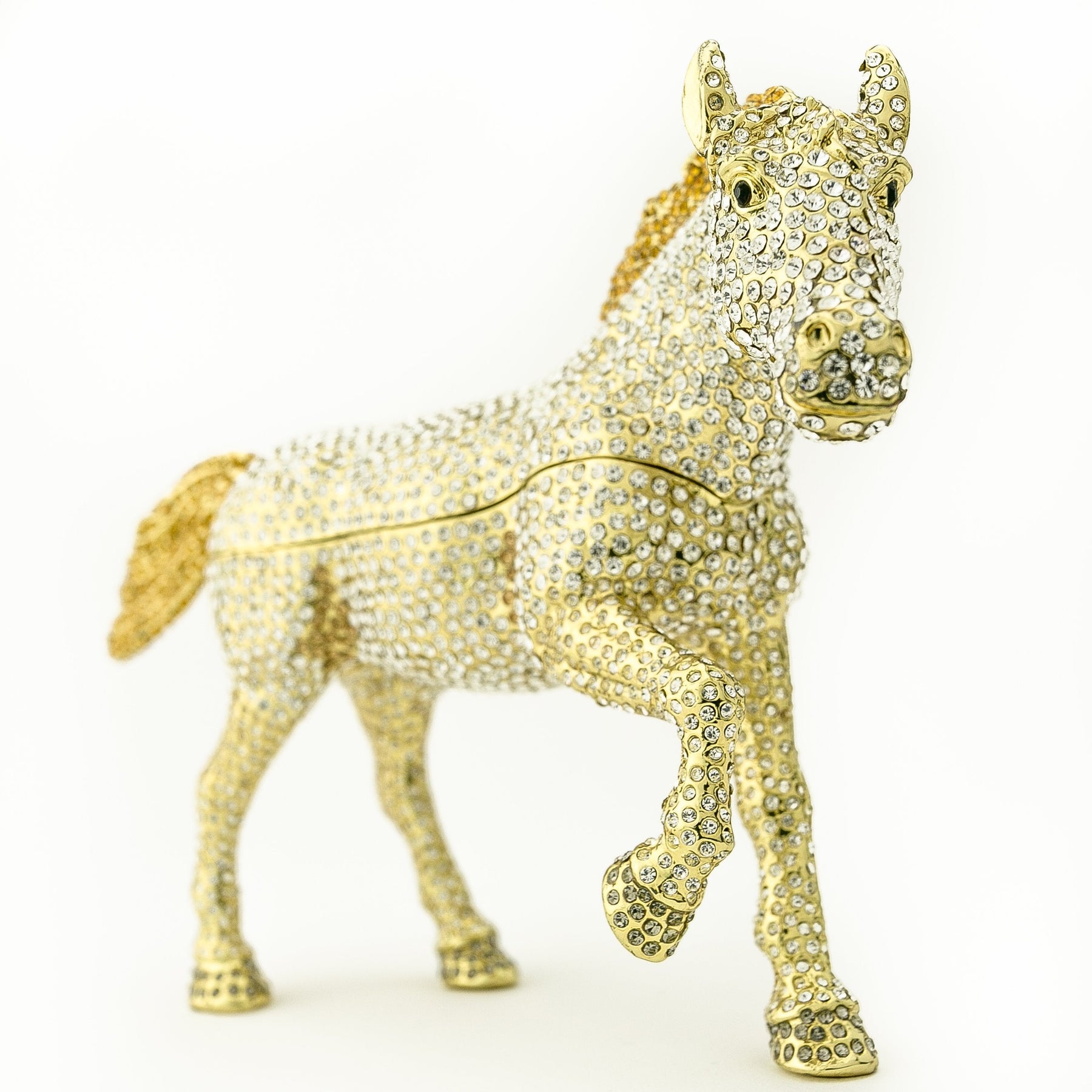 Large Golden Horse Decorated with White Crystals trinket box Keren Kopal